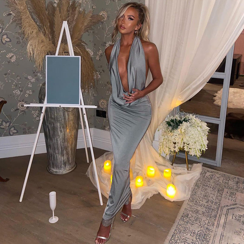 Women's Halter Neck Maxi Dress - Plunging V-Neck - Draped Bodice - Elegant Evening Gown