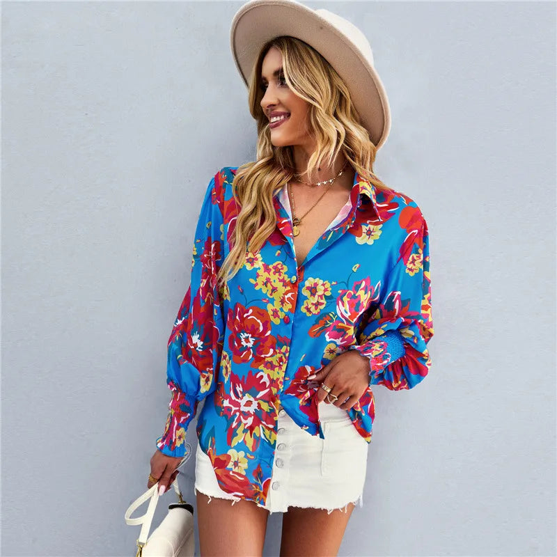 Women's Blouse - Floral Print - Relaxed Fit - Long Sleeve Smocked Cuffs - V-Neck Buttons