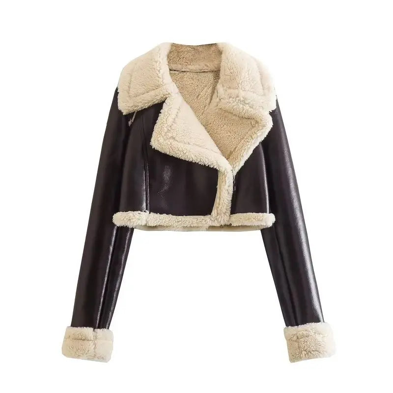 Women's classic leather coat with wide collar
