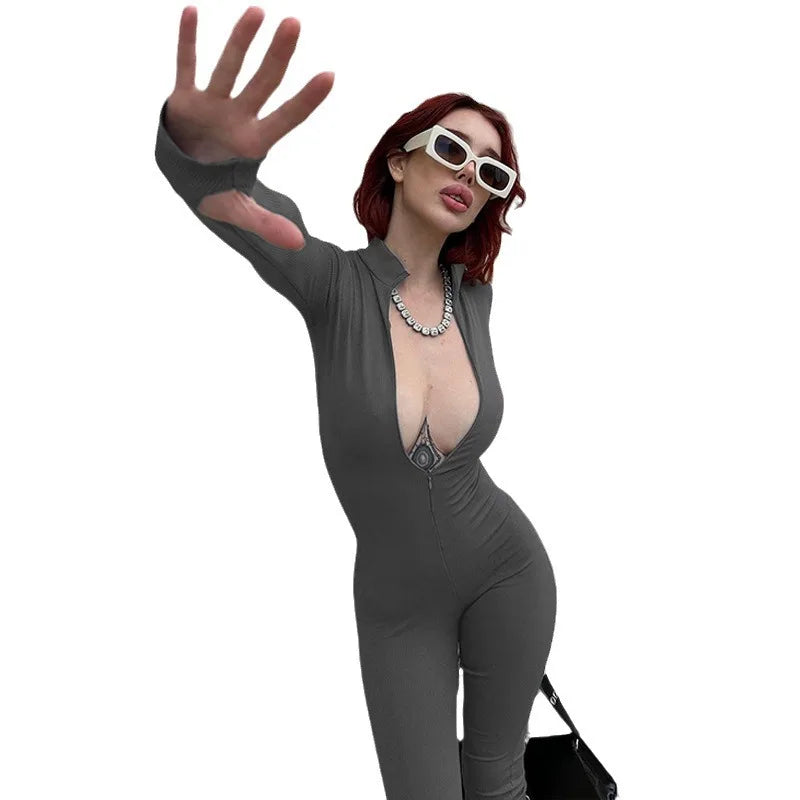 Women's slim long-sleeve zipper jumpsuit