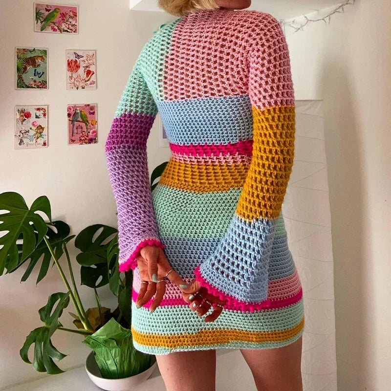 Women's Crochet Dress - Open-Knit Textured - Long Sleeve - Boho Flare Cuff