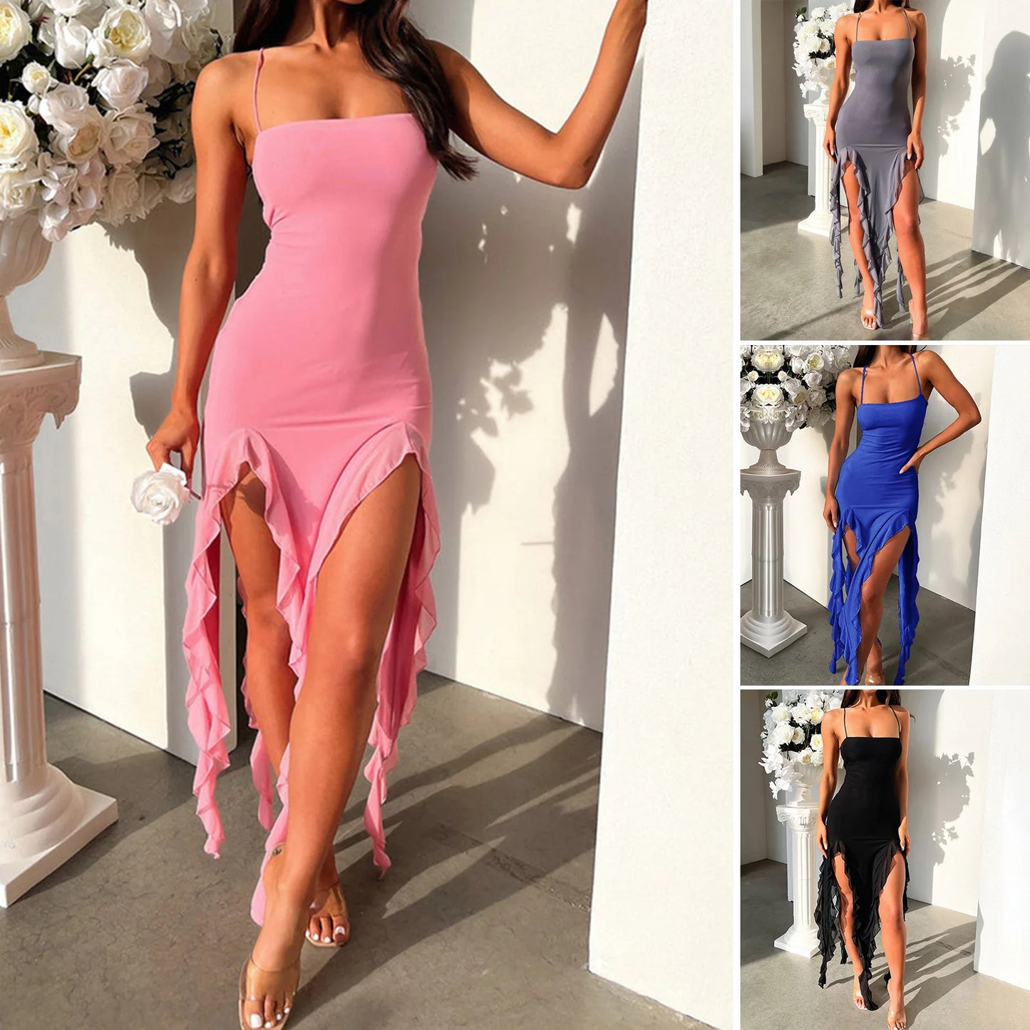 Women’s Midi Dress – Slim Fit – Satin-Like Finish – Spaghetti Straps – Ruffle Hem Slit