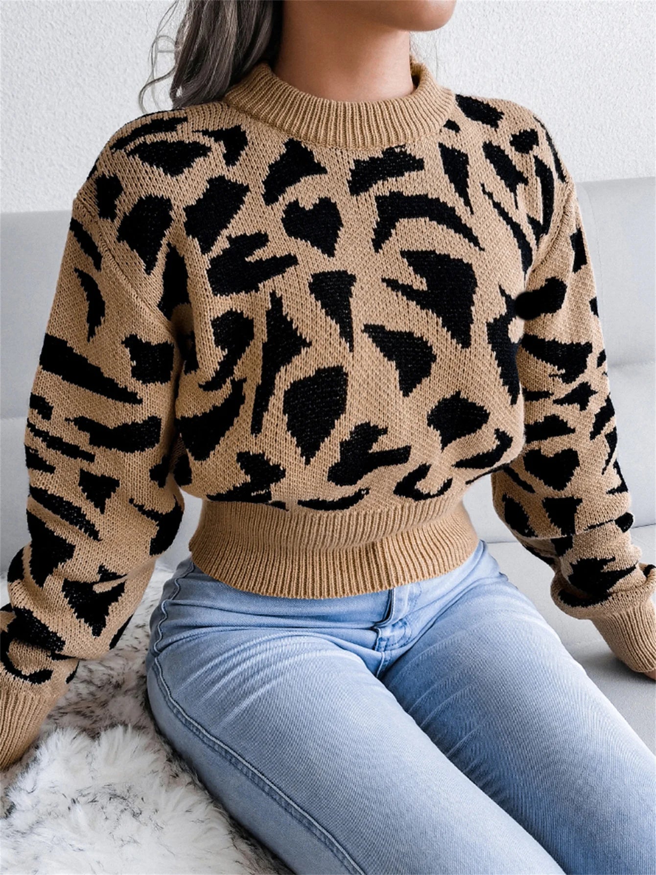 Leopard Print Cropped Neck Sweater