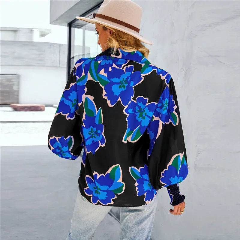 Floral Print Relaxed Fit Blouse With Smocked Cuffs