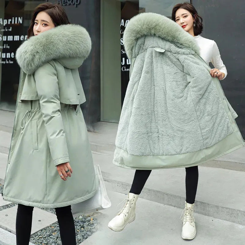 Fuzzy Trim Drawstring Hooded Zip-Up Parka Coat