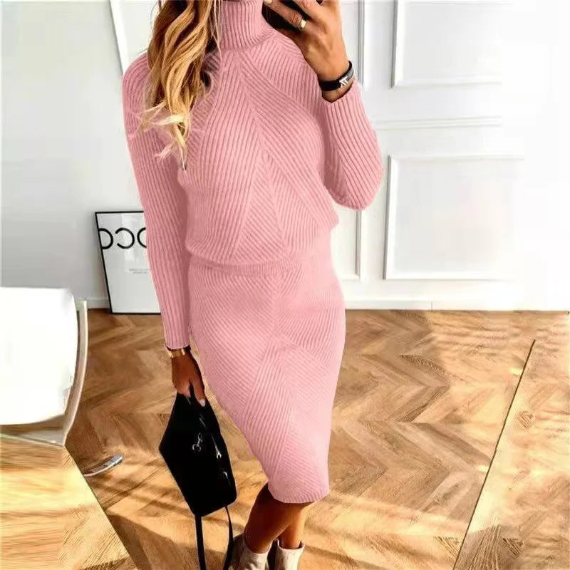 Women's turtleneck knit sweater skirt set