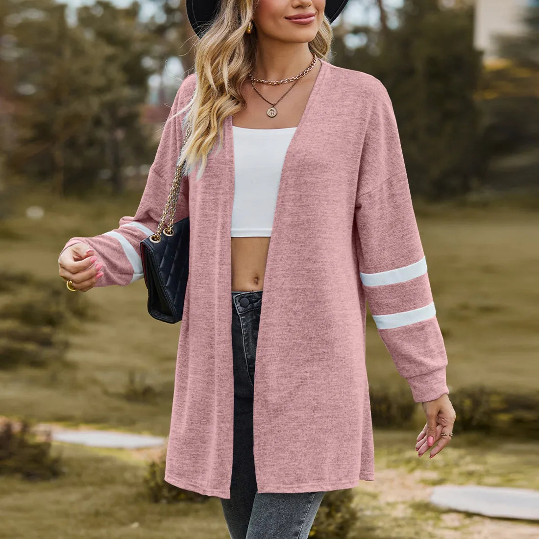 Women’s long-sleeved splicing contrast color knitted cardigan