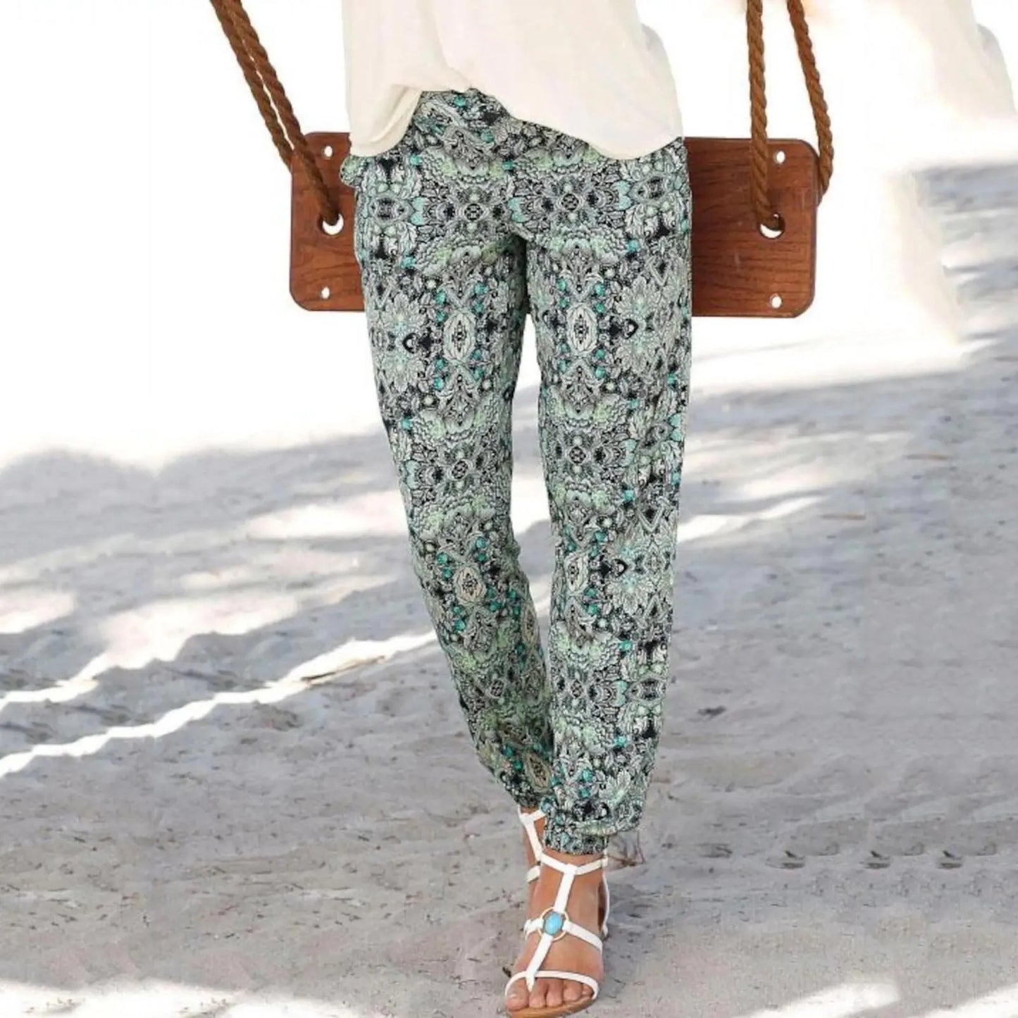 Women's retro print lace-up beach pants