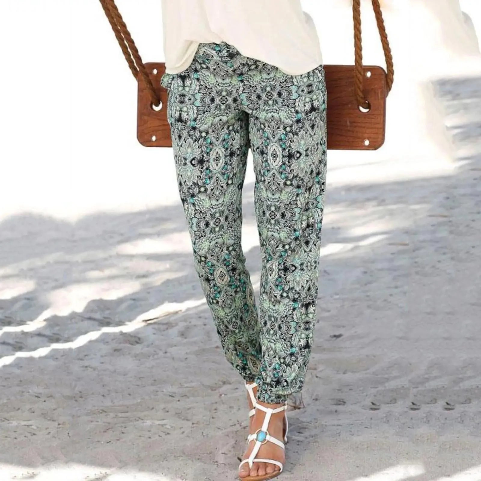 Retro Print Lace-Up Beach Pants
