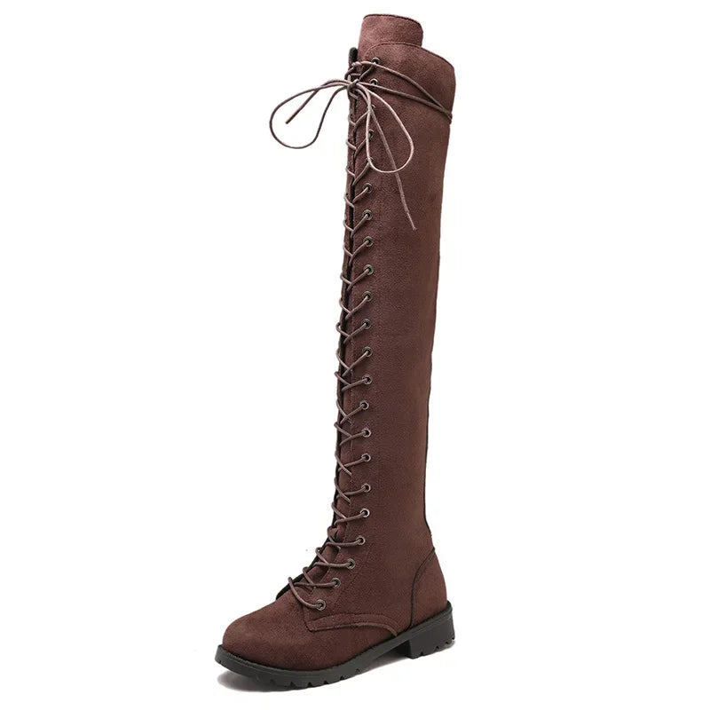 Women’s Over-the-Knee Boots – Suede-Like Texture – Lace-Up Front – Side Zipper – Rugged Sole