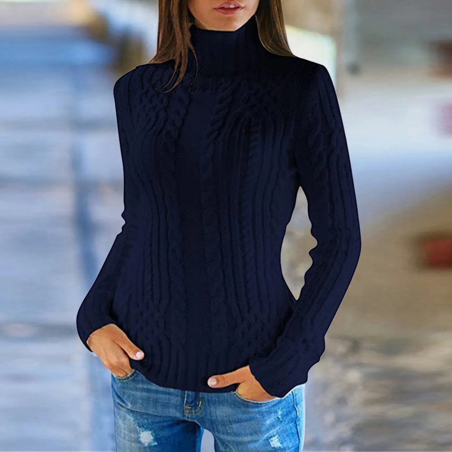 High-neck cable knit sweater for women