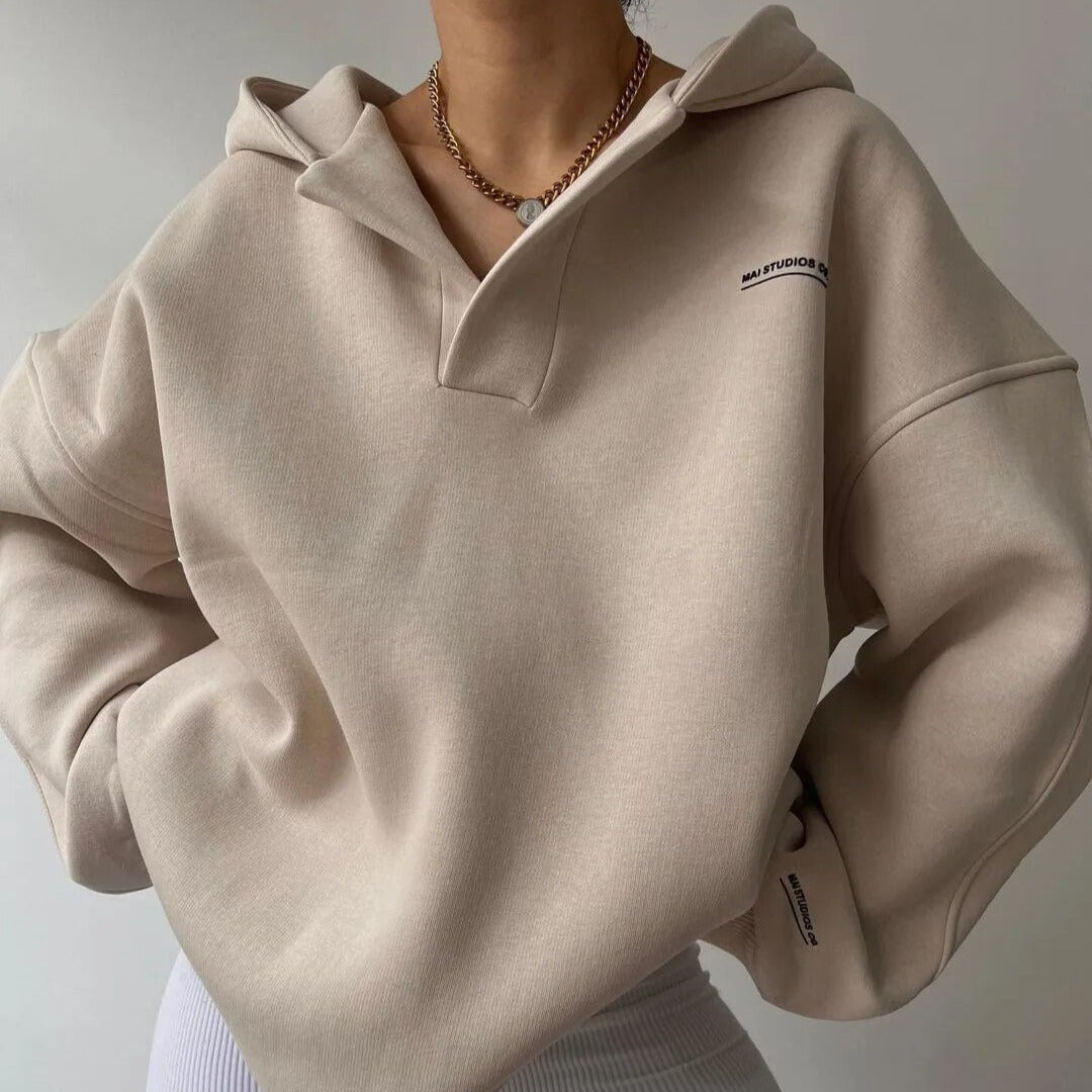 Women's loose hooded v-neck drop shoulder sweater