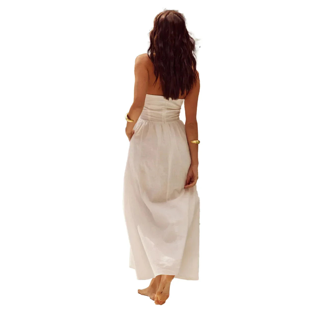 Women's halter neck backless dress with A-line midi skirt