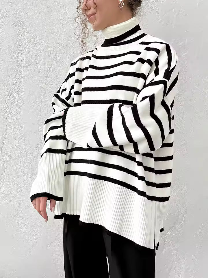 Women’s Sweater – Oversized Fit – Ribbed Turtleneck Cuffs & Hem – Striped Knit Casual Wear