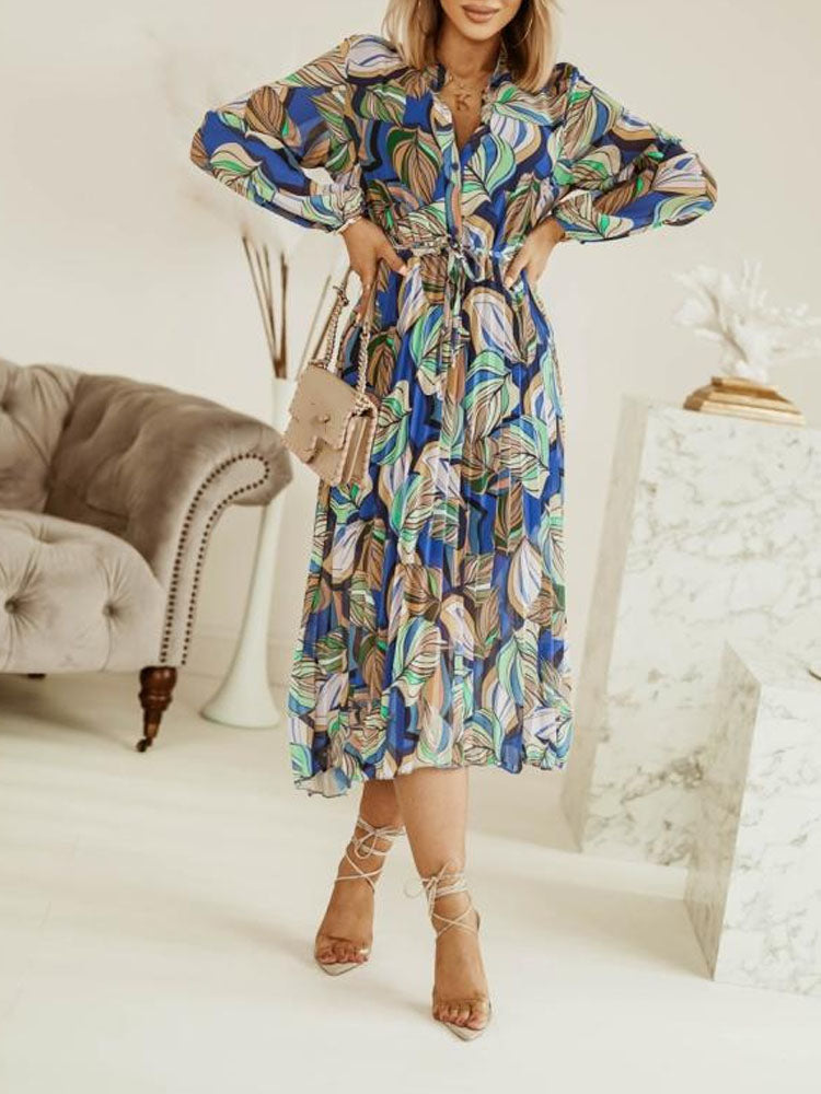 Women's Midi Dress - Button-Up Front - Long Sleeve - Cinched Waist Tie Belt