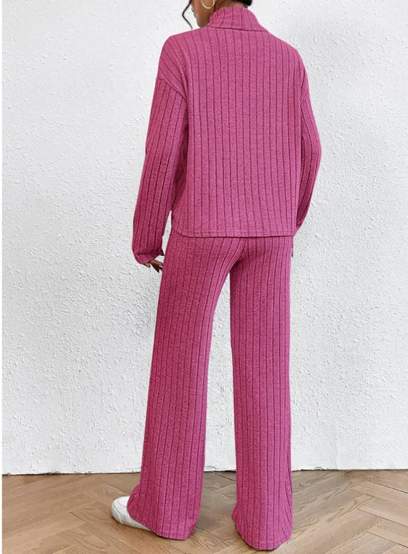 Women's solid color high collar long sleeve ribbed two-piece set