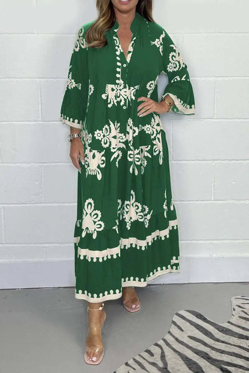 Women's elegant printed stand-up collar waist dress