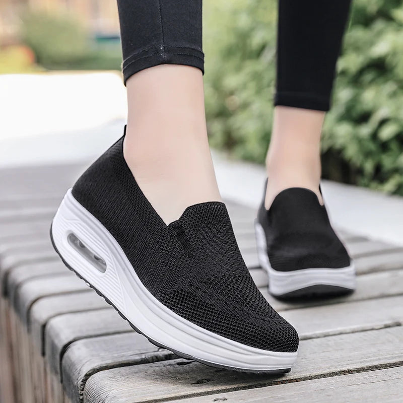 Women's Slip-On Sneakers - Breathable Knit Fabric - Air Cushion Platform Sole