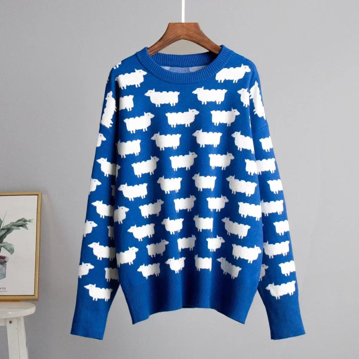 Women's Knit Sweater - Crew Neck - Relaxed Fit - Sheep Pattern Casual Pullover