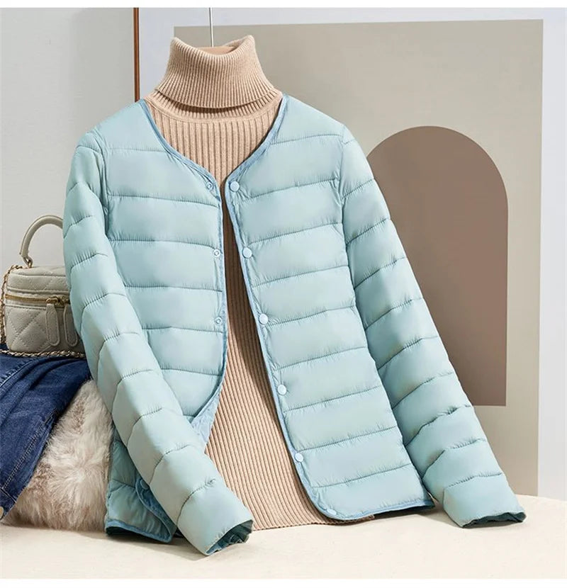 Women's slim fit short light long sleeve down jacket