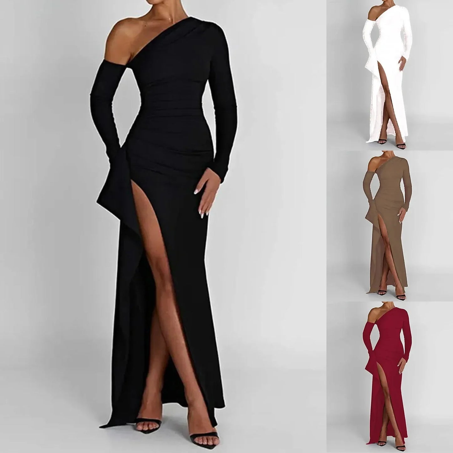 Women's Evening Gown - One Shoulder - Asymmetric Neckline - High Slit - Floor Length