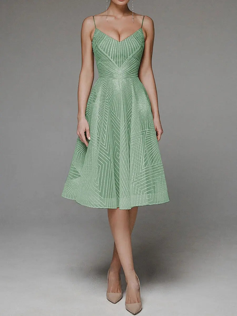 Women's A-Line Dress - Sleeveless Spaghetti Strap - V-Neck Knee-Length Elegant Wear