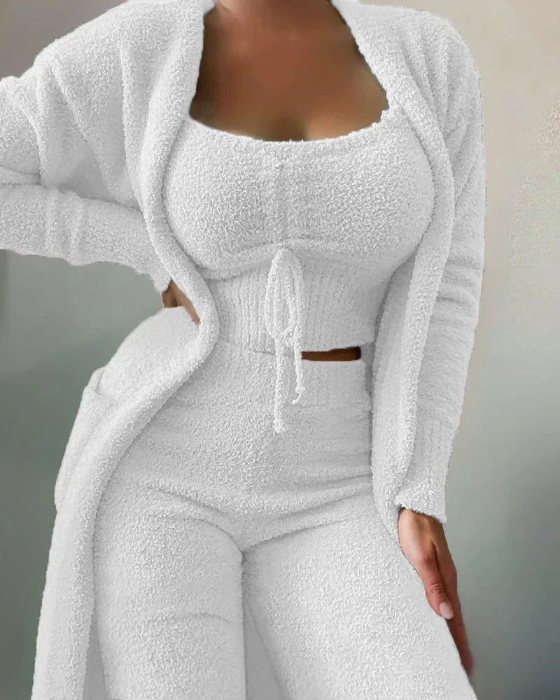 Women's plush crop top long pants and coat 3-piece pajama set