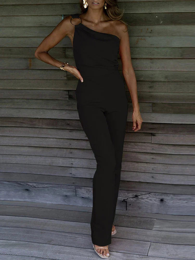Women's One-Shoulder Jumpsuit - Fitted Bodice - Elegant Tailored Design - Wide Leg