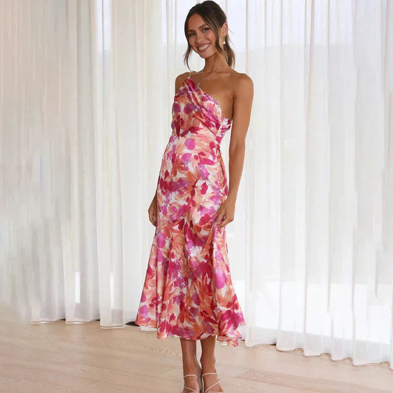 Satin Finish One-Shoulder Slim Midi Dress