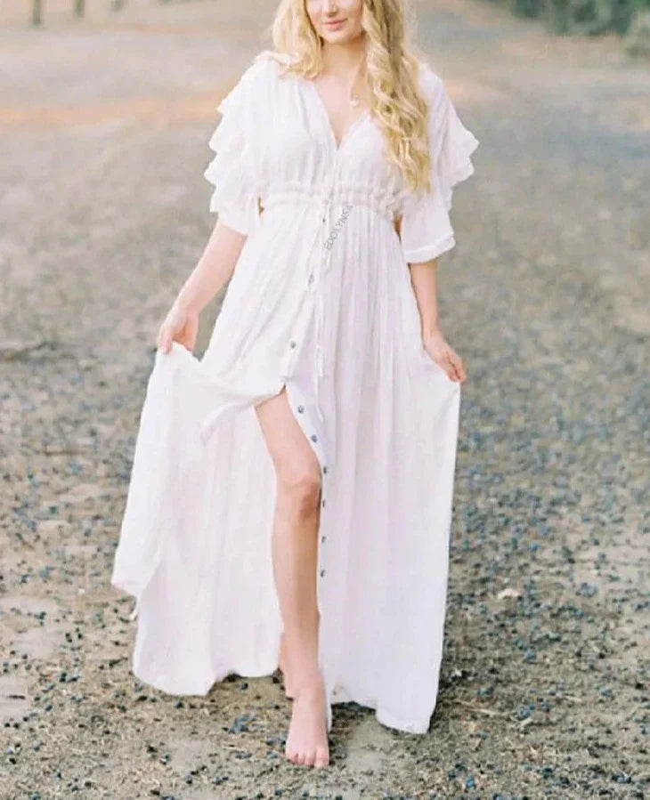 Women's Maxi Dress - Button Down - Adjustable Waist - Ruffled Sleeves - V-Neck