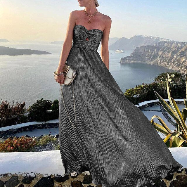 Women's Off-Shoulder Pleated Summer Party Dress Elegant Casual Dress