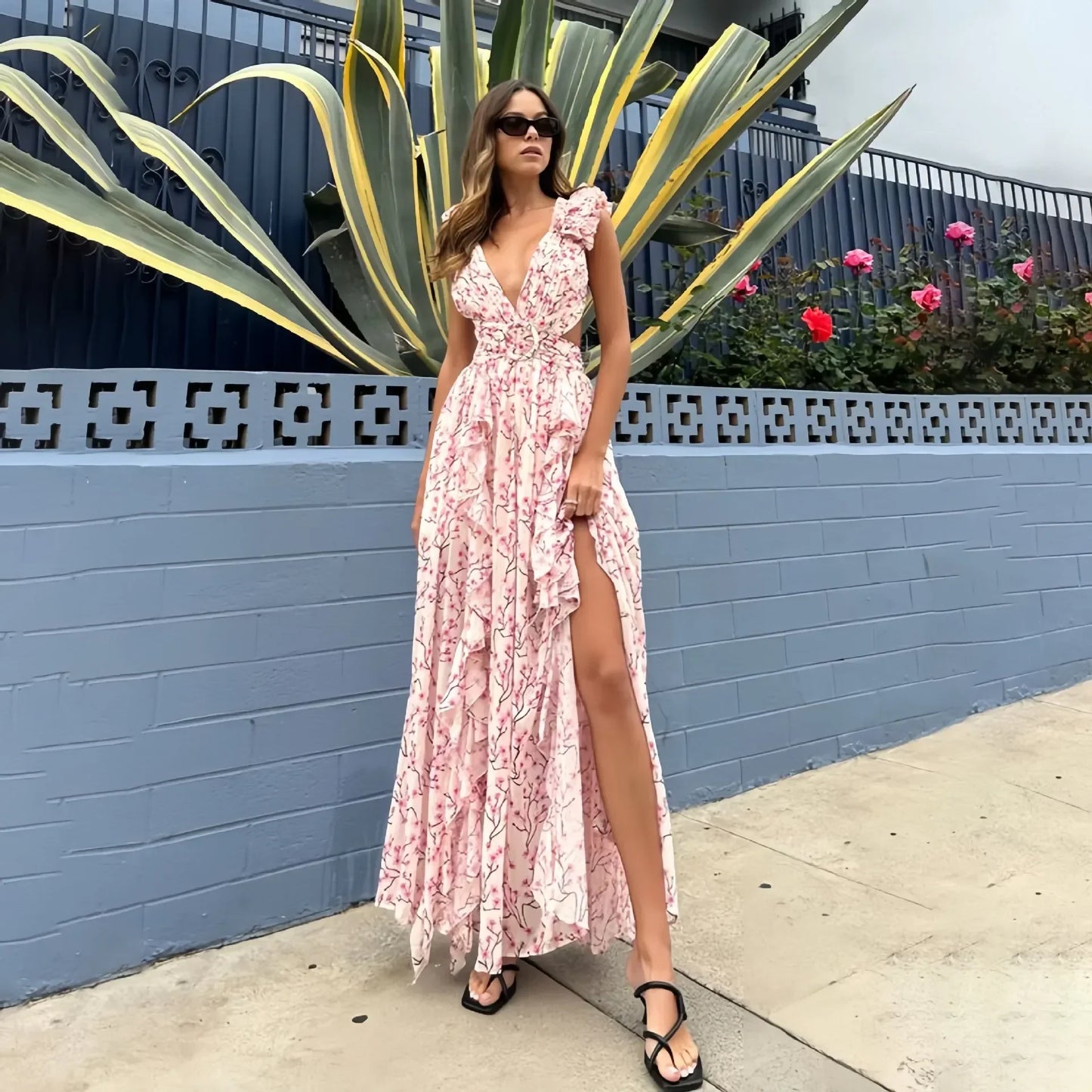 Women's Floral High-Low Ruffle Dress with Deep V-Neck and Open Back