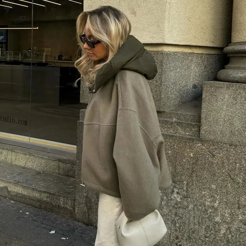 Women’s Jacket – Oversized Fit – Wool Blend – Hooded with Zip – Drawstring Hem