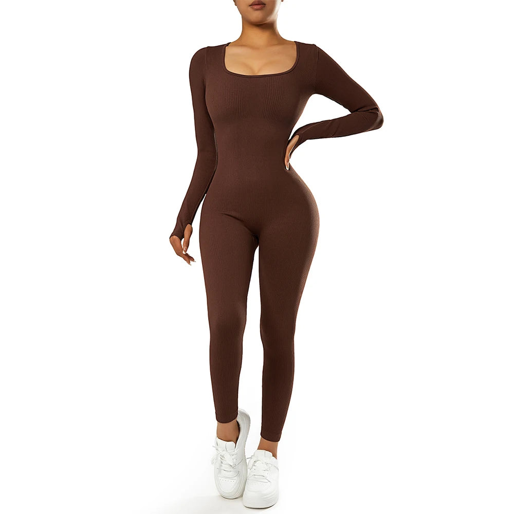 Women's Bodycon Jumpsuit - Long Sleeve Scooped Neck - Stretchable Full-Length Fit