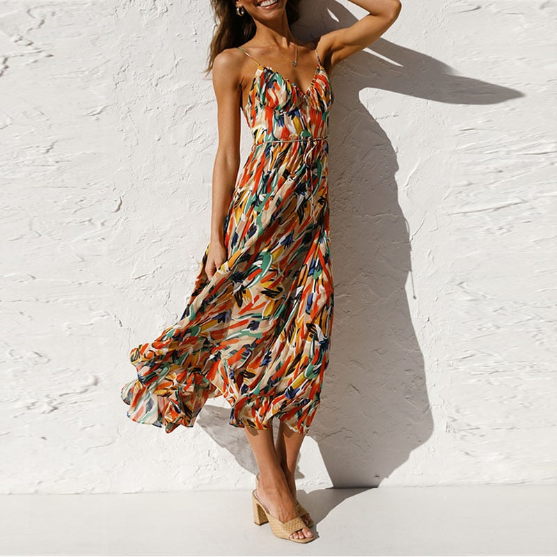Women's Maxi Dress - Sleeveless V-Neck - Flowy A-Line with Abstract Print
