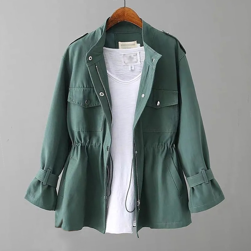 Solid color drawstring waist jacket for women with high collar