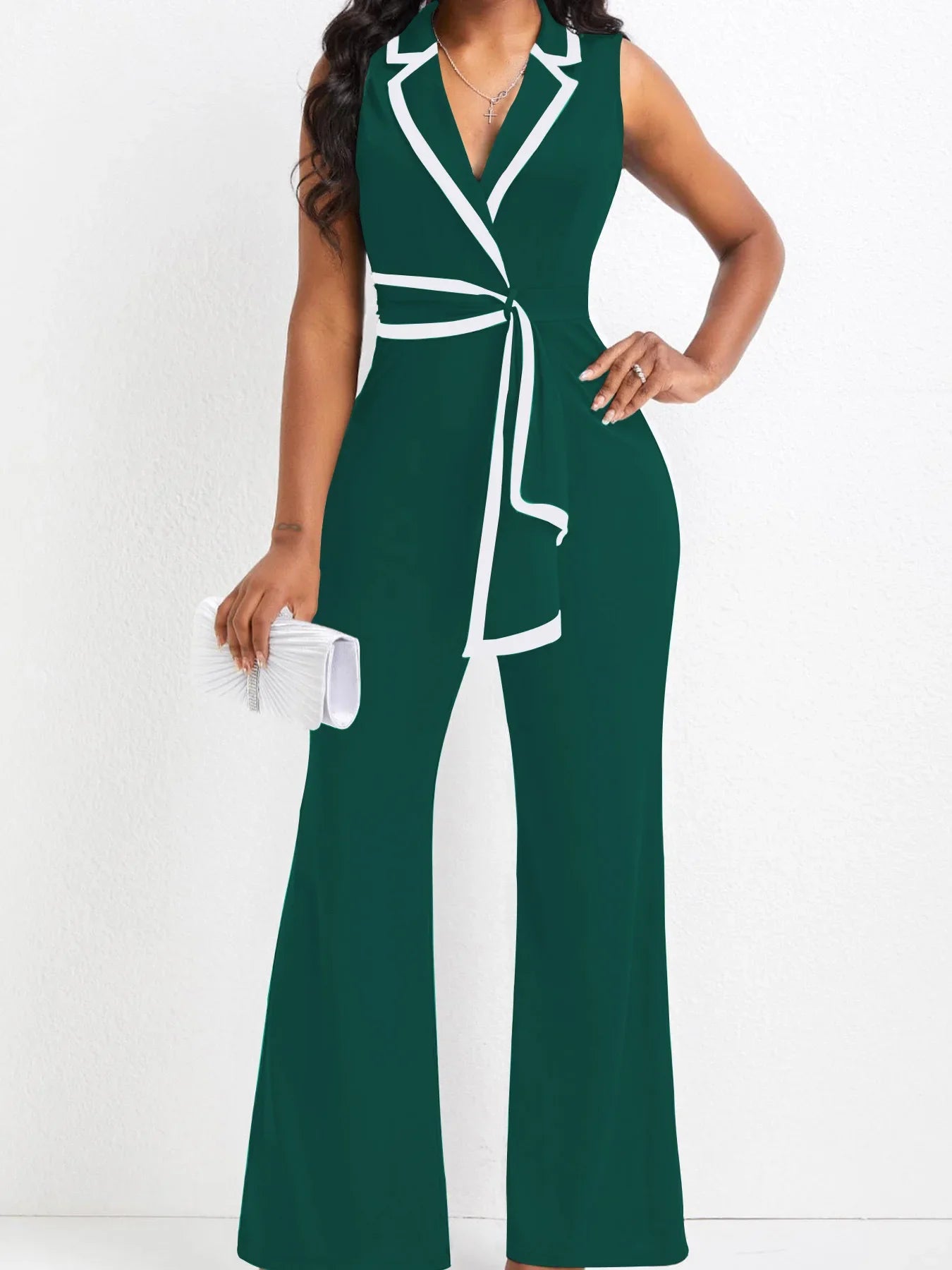Women's Sleeveless Jumpsuit - Blazer Wrap V-Neck - Tie Waist Flare Pants Elegant Fit