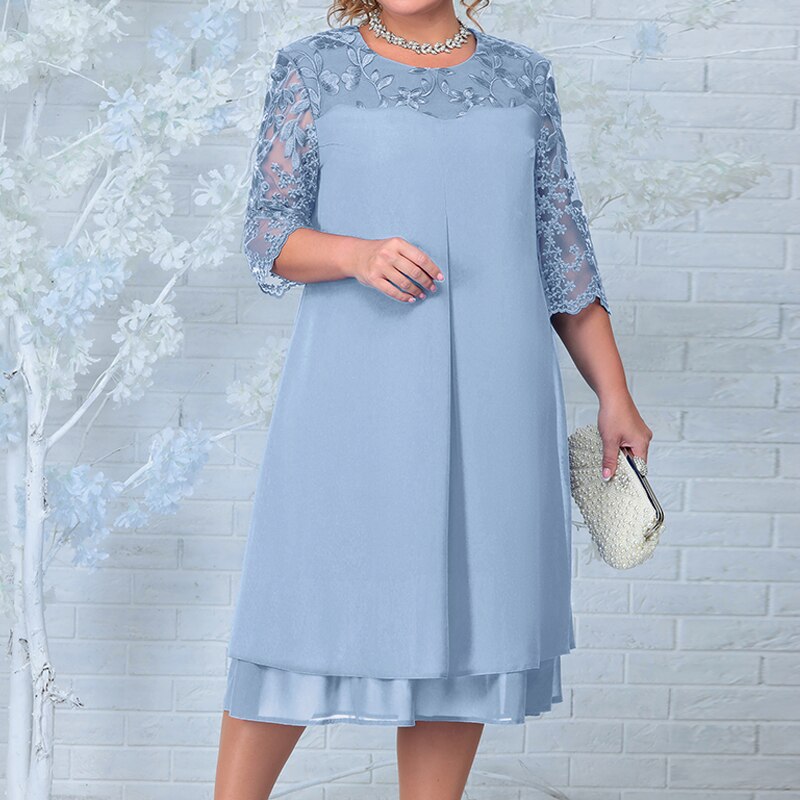 Women's Cocktail Dress - Layered A-Line - Sheer Embroidered Overlay - Mid Sleeve Elegant Fit