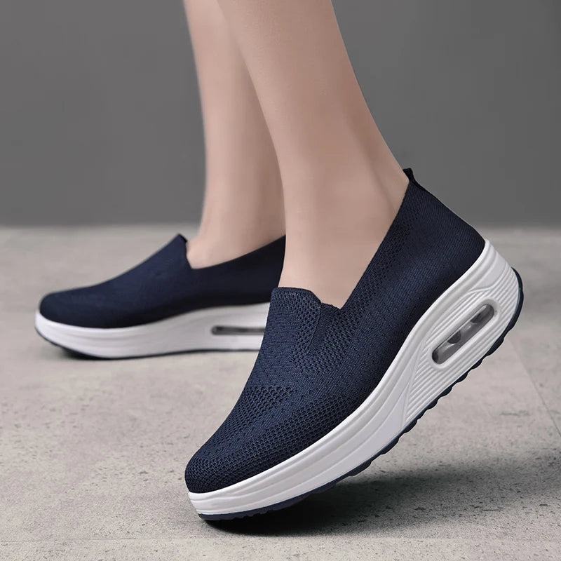 Women's Slip-On Sneakers - Breathable Knit Fabric - Air Cushion Platform Sole