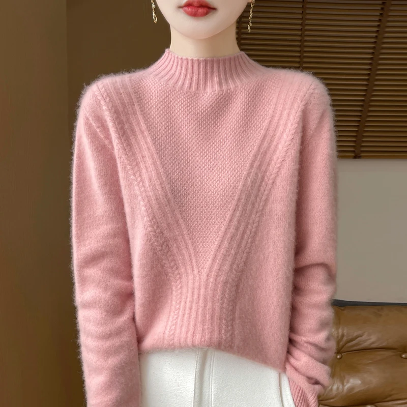Women’s Pullover Sweater – Wool Blend – Relaxed Fit – Half High Collar – Ribbed Knit