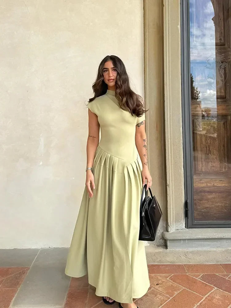 Women's Slant Collar Midi Dress – Fit and Flare – Pleated Skirt