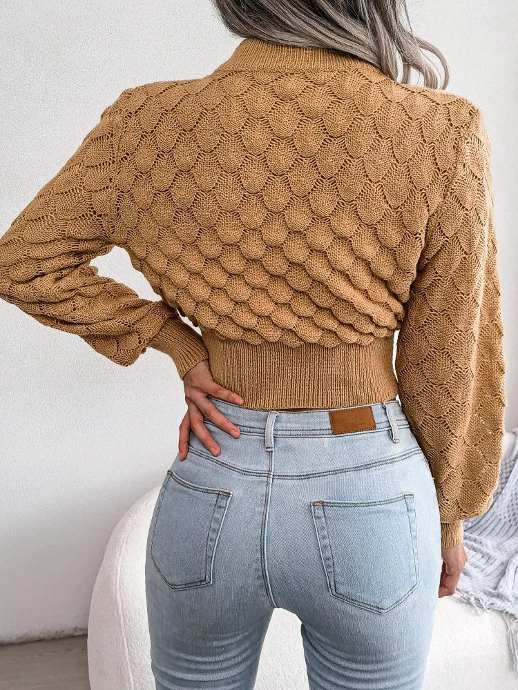 Women's diamond hollow long sleeve cropped knitted sweater