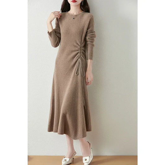 Waist Slimming Pleated Long Sleeve Dress