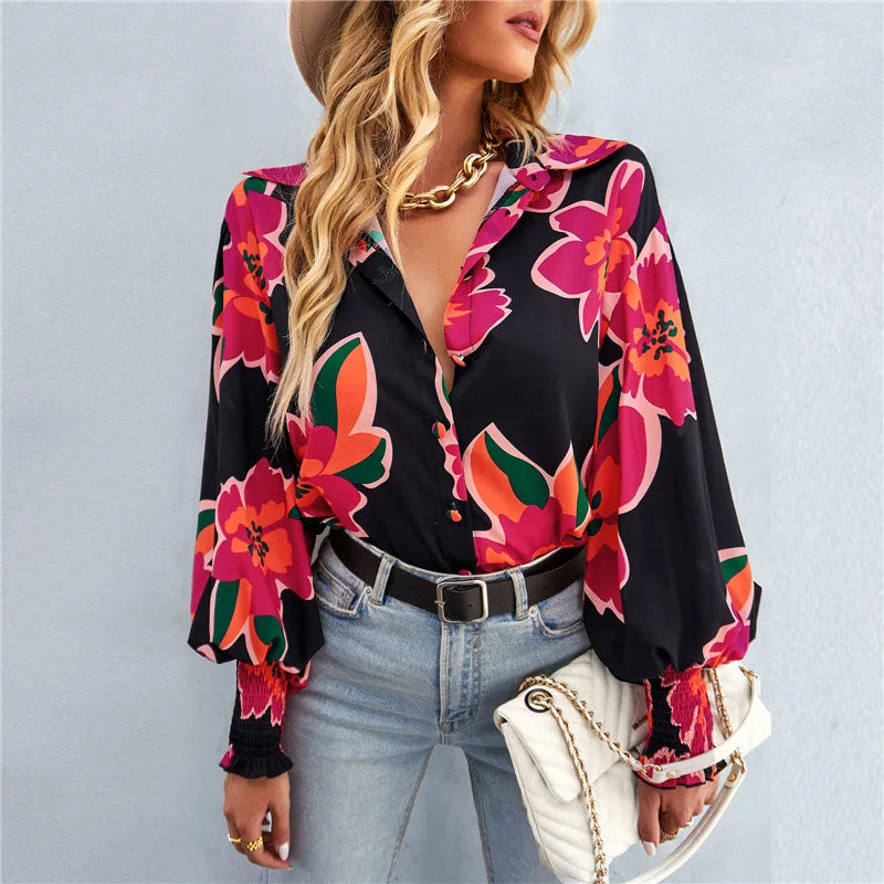 Floral Print Relaxed Fit Blouse With Smocked Cuffs
