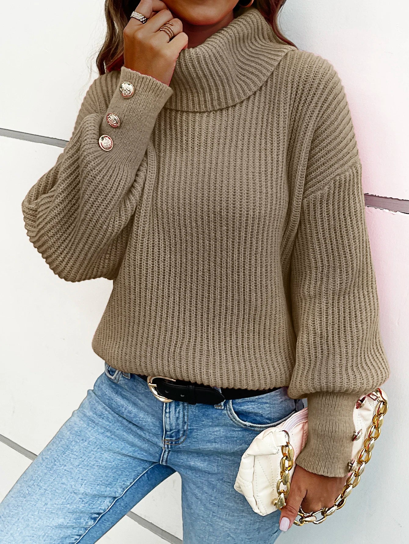 Women's plain turtleneck with button details
