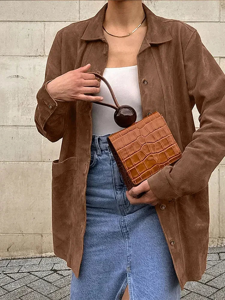 Women’s Oversized Shirt - Button-Up Relaxed Fit - Long Sleeve Suede Leather