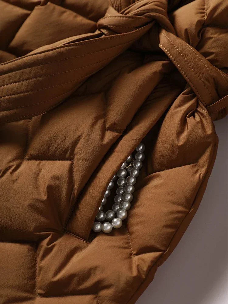 Women's winter padded quilted jacket with tie belt