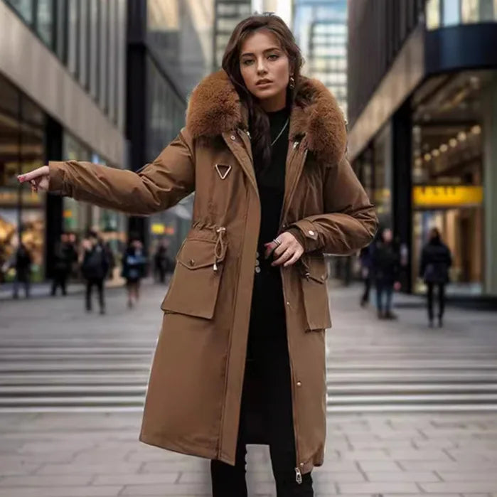 Women's fur collar winter windbreaker long parka