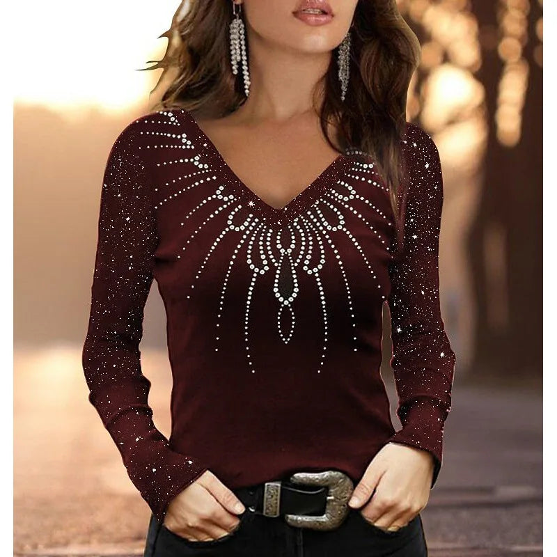 Women's V-Neck Top - Slim Fit - Long Sleeve Embellished Elegant Wear