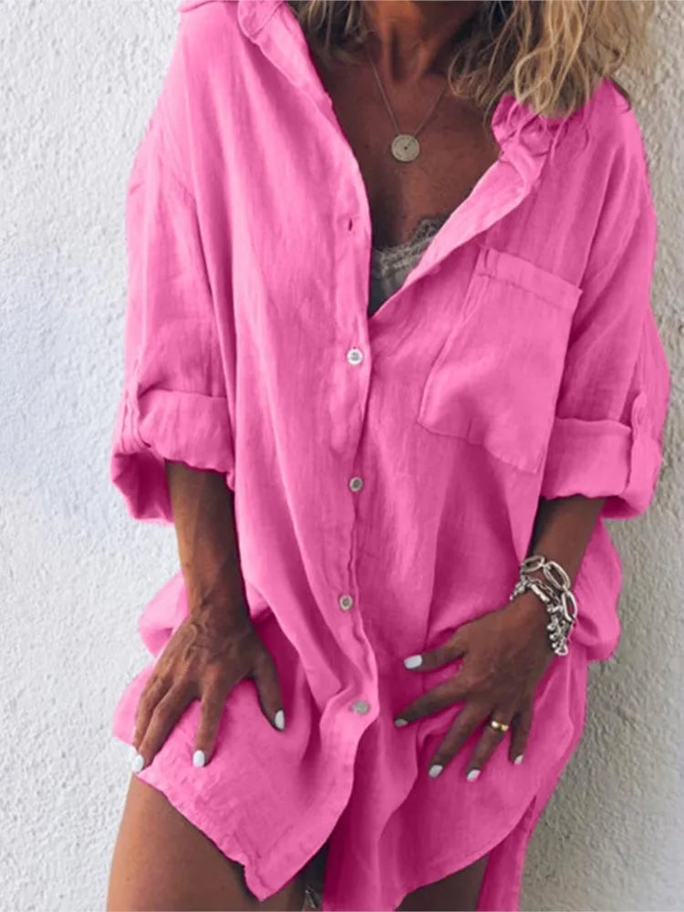 Women's casual summer button pocket long sleeve shirt